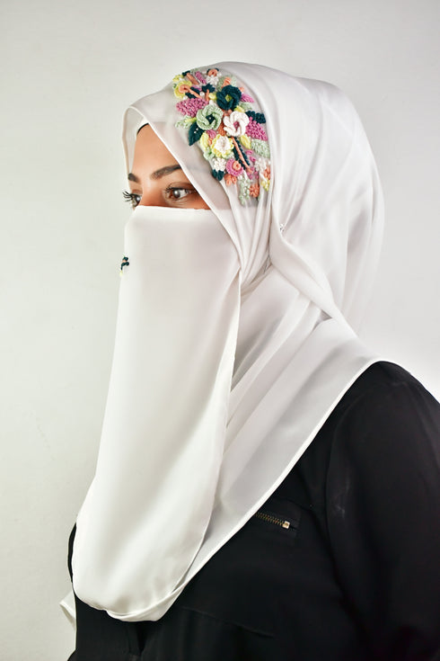 white threadwork partywear| wedding| bridal handwork hijab with naqab