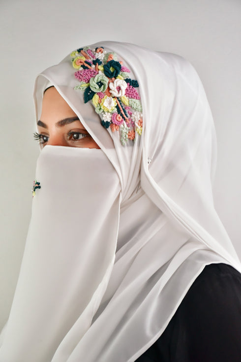 white threadwork partywear| wedding| bridal handwork hijab with naqab