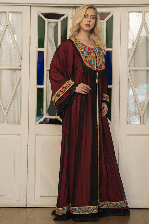 Black and red embroidery maxi kaftan
