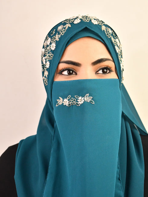 Teal luxury bridal wedding wear hijab scarf with handwork naqab