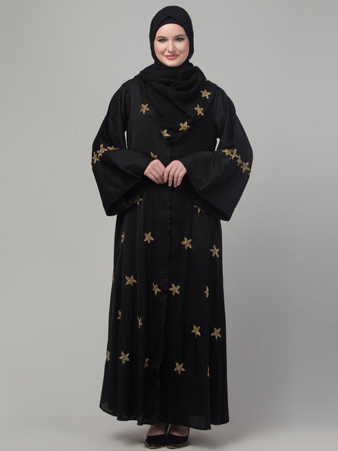 Black hand embroidered bell sleeves abaya with embroidered hijab