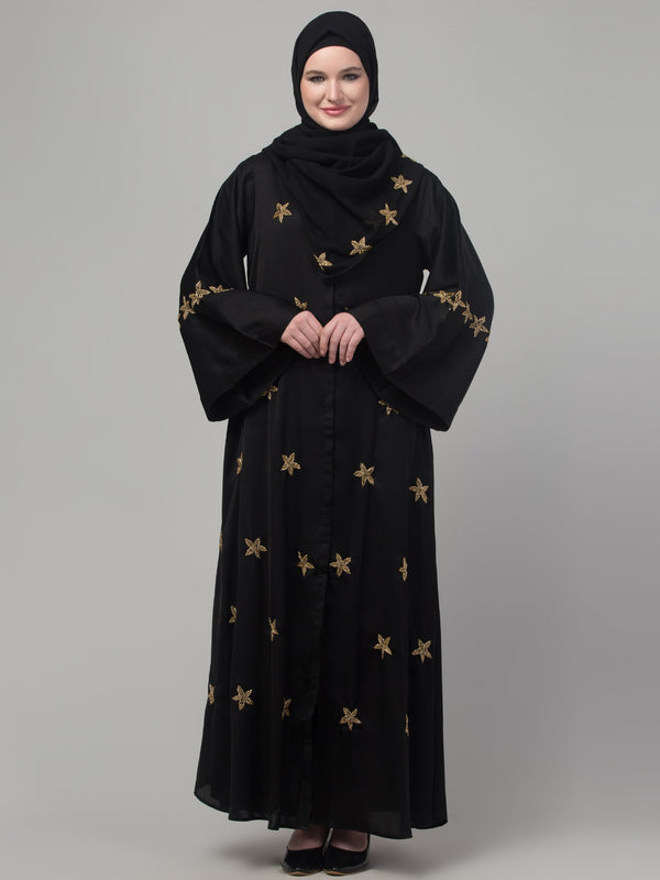 Black hand embroidered bell sleeves abaya with embroidered hijab