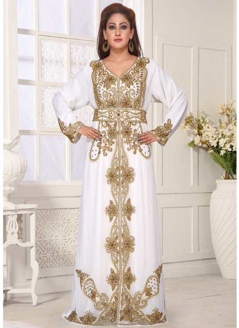 White embroidered georgette islamic-kaftans With Sun-proof hijab.