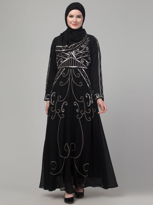 Black sequins hand embroidered abaya with embroidered hijab