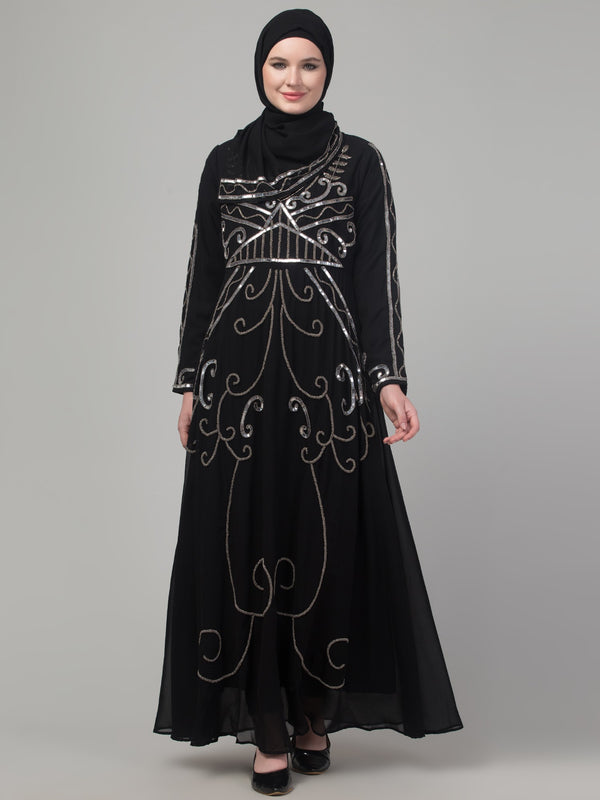 Black sequins hand embroidered abaya with embroidered hijab