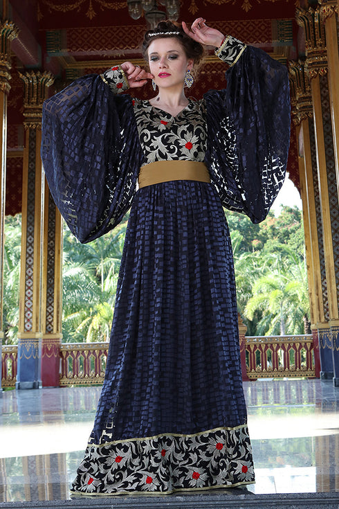 Embroidery work kaftan gray and black net brasso arabic style