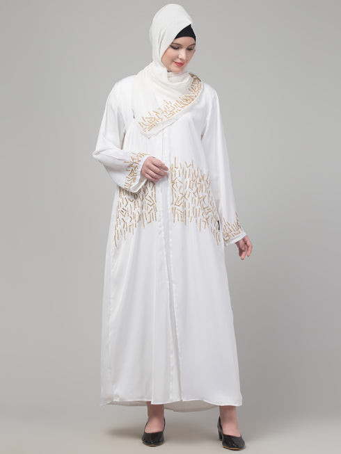 White hand embroidered abaya with embroidered hijab