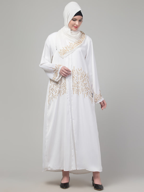 White hand embroidered abaya with embroidered hijab