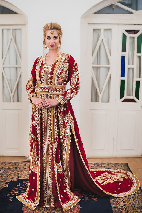 Maroon long sleeve arabic wedding kaftan