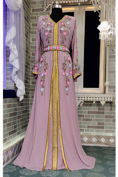 Moroccan islamic gleaming party wear fancy flower work kaftan