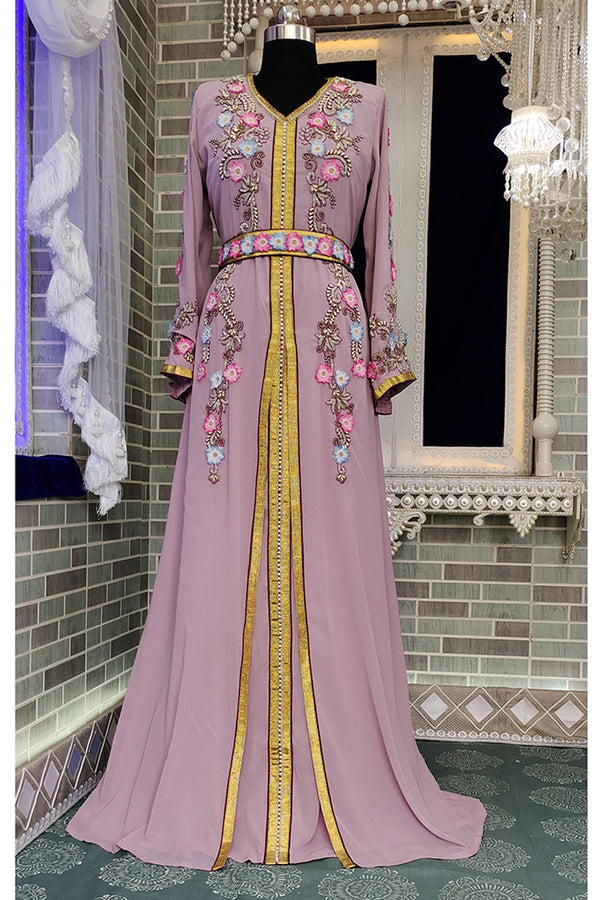 Moroccan islamic gleaming party wear fancy flower work kaftan