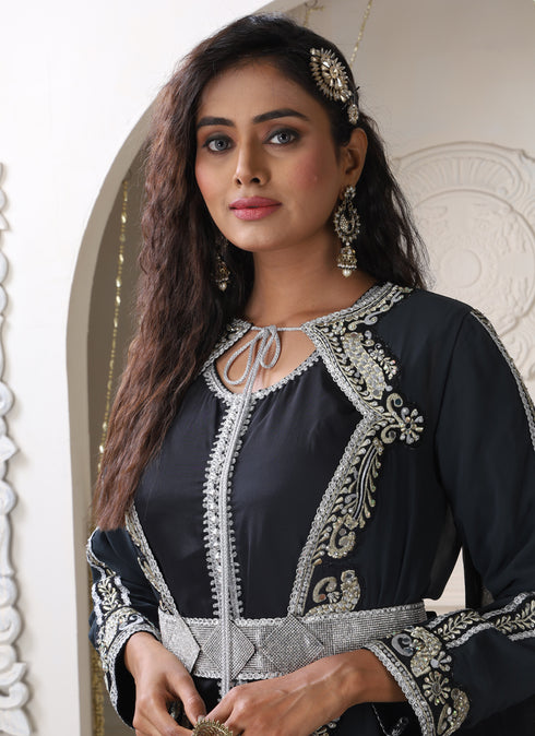 Women dark grey designer embroidery farasha party wear wedding kaftan