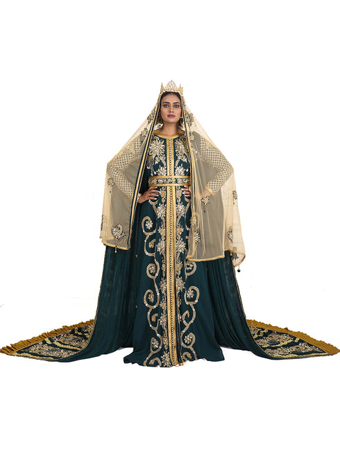 Bottle green good looking wedding hand beaded long sleeve maxi arabic moroccan islamic designer takchita kaftan