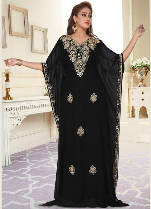Black embroidered georgette islamic-kaftans With Sun-proof hijab.