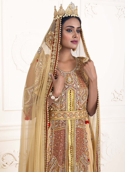 Beige Georgette Sequin and Stonework Kaftan