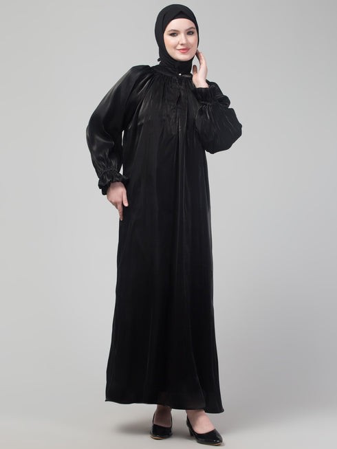 Black organza elastic sleeve abaya with hijab