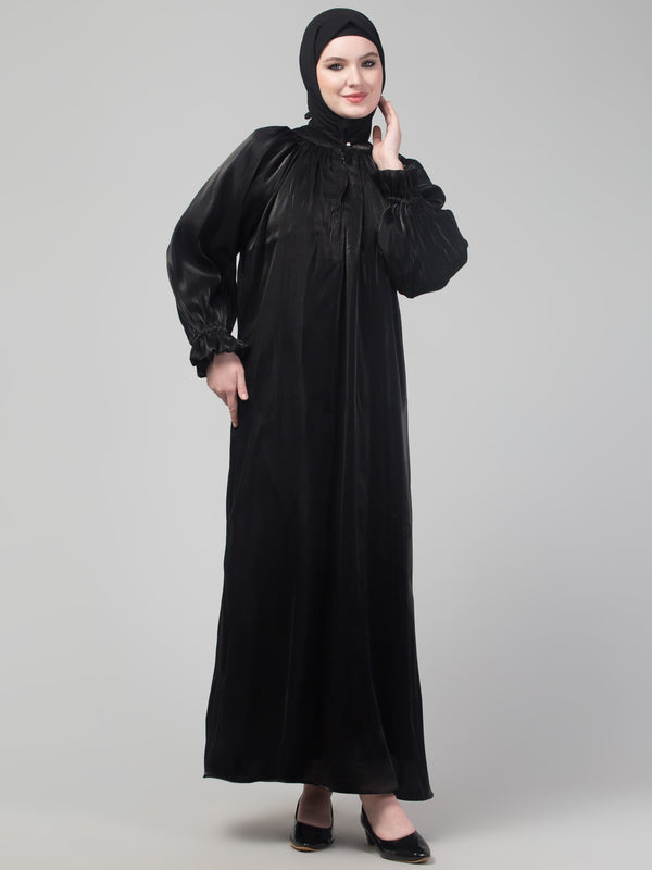 Black organza elastic sleeve abaya with hijab