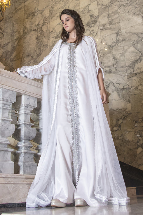 Moroccan long sleeve wedding caftan white with lace work