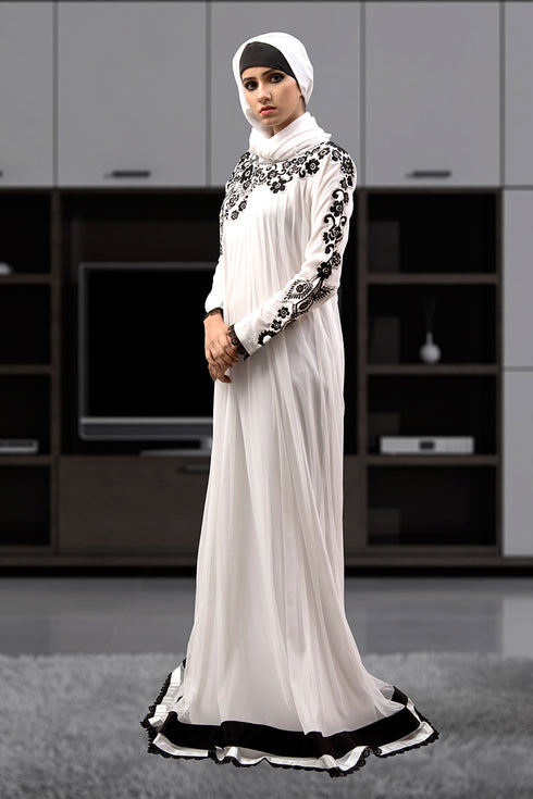 Long party wear full sleeve white abaya