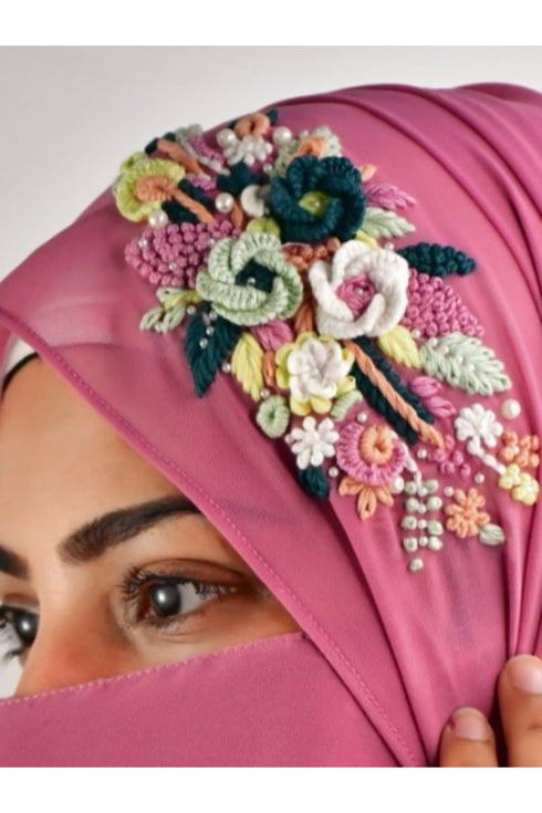 pink threadwork partywear| wedding| bridal handwork hijab with naqab