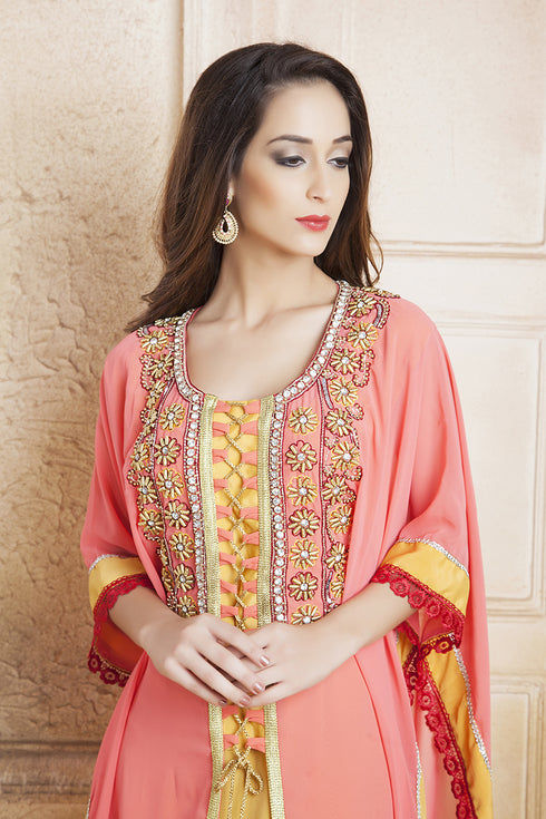 Yellow and pink handmade kaftan with free size kaftan