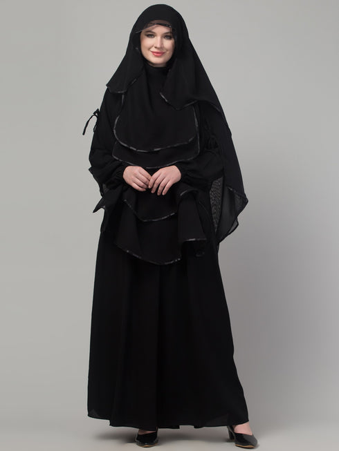 Black layers satin tape abaya khimer set