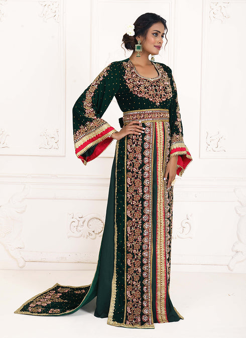 Dark green wedding moroccan kaftan islamic elegant dubai kaftan ladies long sleeve moroccan kaftan