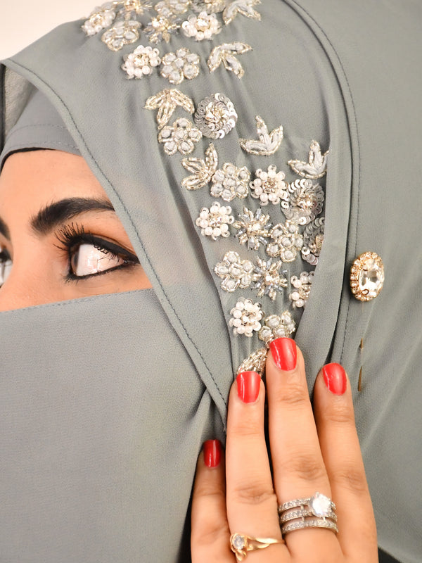 Grey luxury bridal wedding wear hijab scarf with handwork naqab