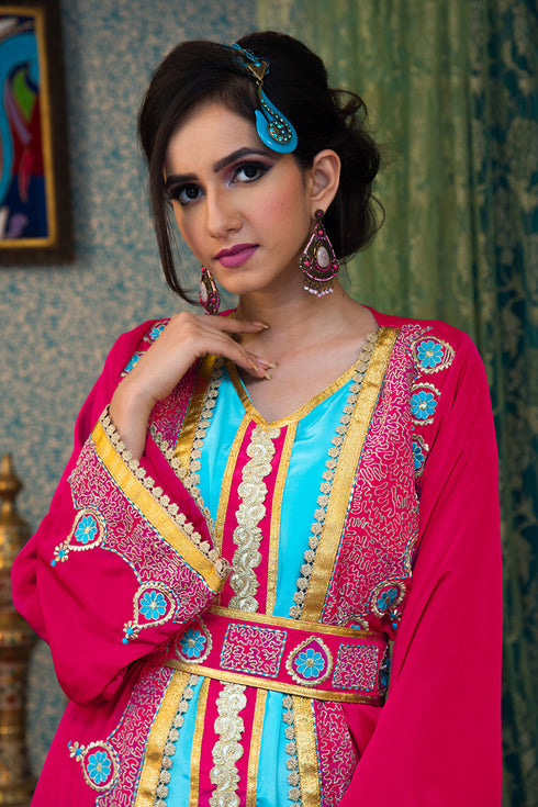 Pink and aqua blue takchita kaftan
