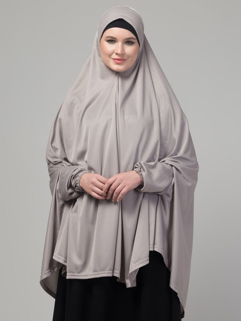 Grey stretchable knee length jilbab cum prayer khimer hijab