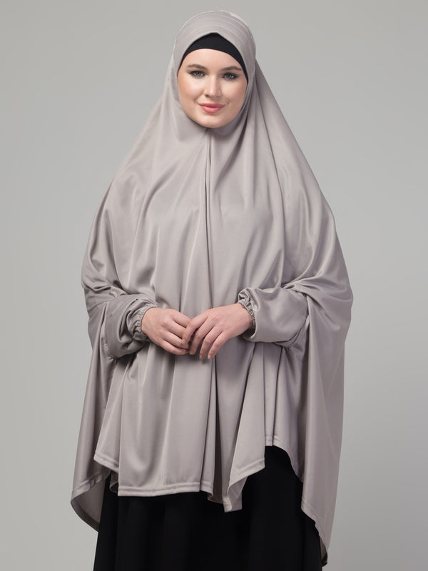 Grey stretchable knee length jilbab cum prayer khimer hijab