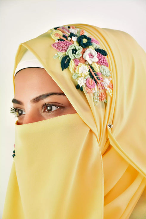 yellow threadwork partywear| wedding| bridal handwork hijab with naqab