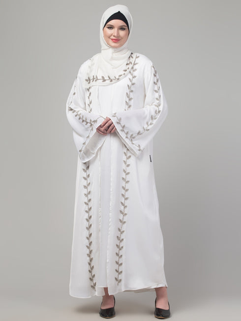 White hand embroidered bell sleeves abaya with hijab