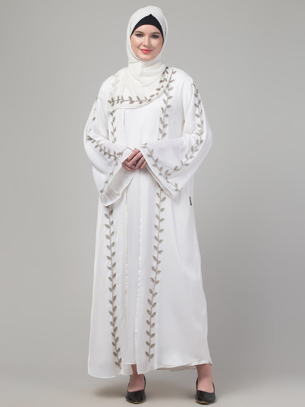 White hand embroidered bell sleeves abaya with hijab