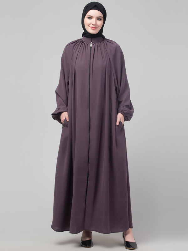 Purple matt nida front zip elastic sleeve abaya with hijab