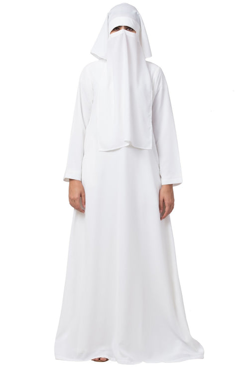 White two pieces set of white a line abaya and niqab in firdaus fabric