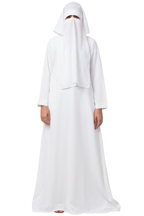 White two pieces set of white a line abaya and niqab in firdaus fabric