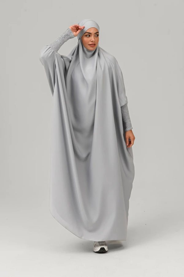 Light grey one piece jilbab in firdaus with smocky sleeves and attached mouthpiece
