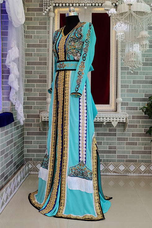 Mint firozi islamic designer embroidery kaftan israeli party wedding kaftan