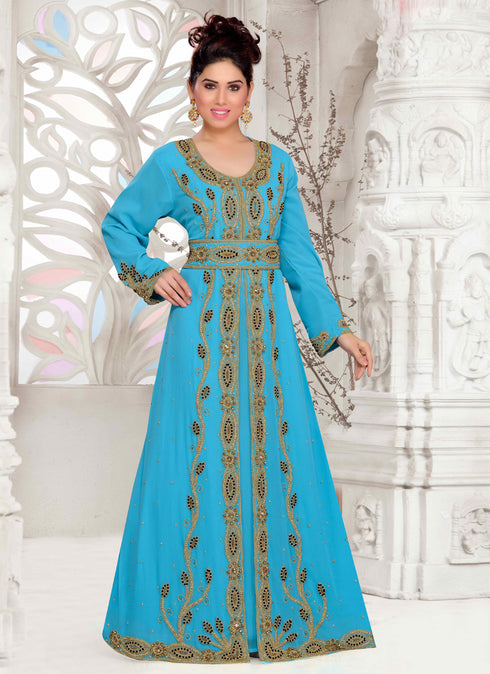 Turquoise embroidered georgette islamic kaftans With Sun-proof hijab.