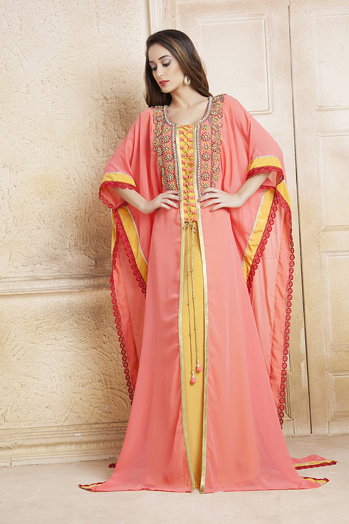 Yellow and pink handmade kaftan with free size kaftan