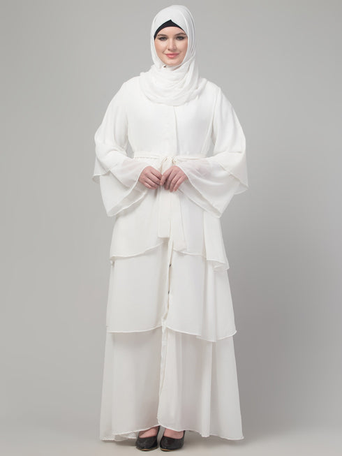White 3 layers bell sleeves flare abaya with hijab