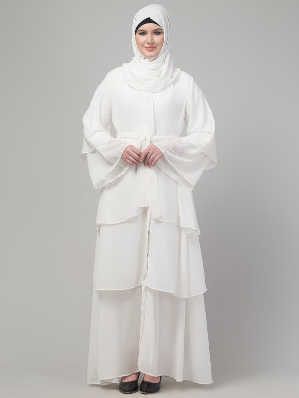 White 3 layers bell sleeves flare abaya with hijab