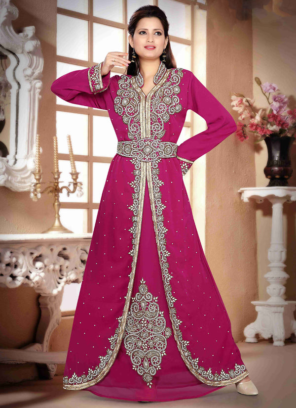 pink embroidered georgette islamic kaftan With Sun-proof hijab.