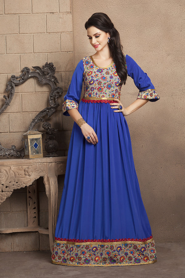 Royal blue casual maxi dress with french crepe and lace work