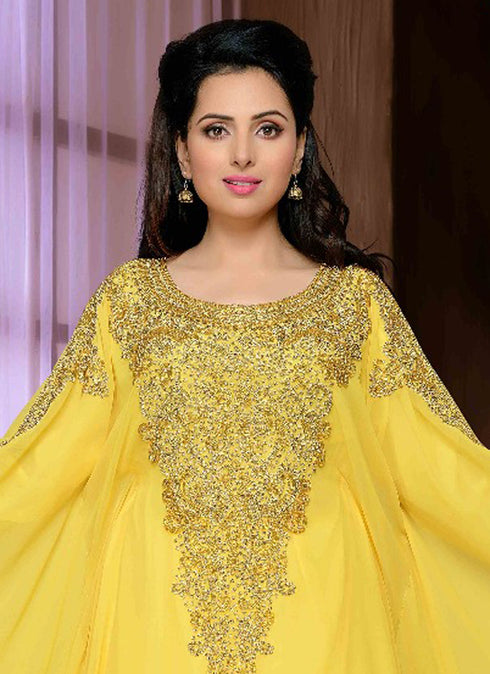 Yellow embroidered georgette islamic kaftan