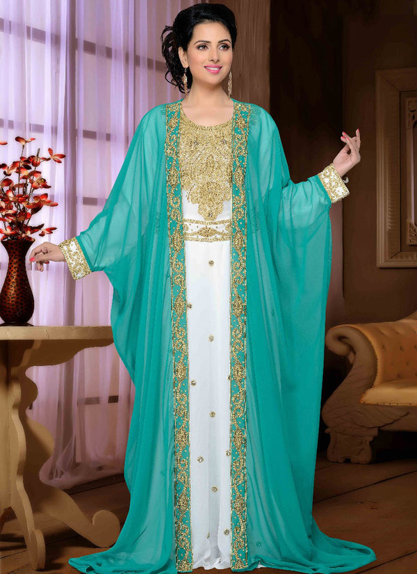 Sea-green embroidered georgette islamic kaftan