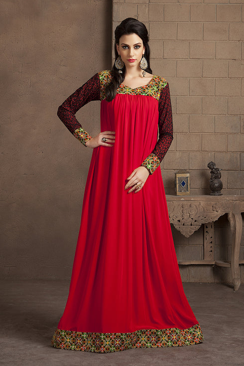 Red long sleeve modern embroidery maxi dress