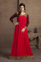 Red long sleeve modern embroidery maxi dress