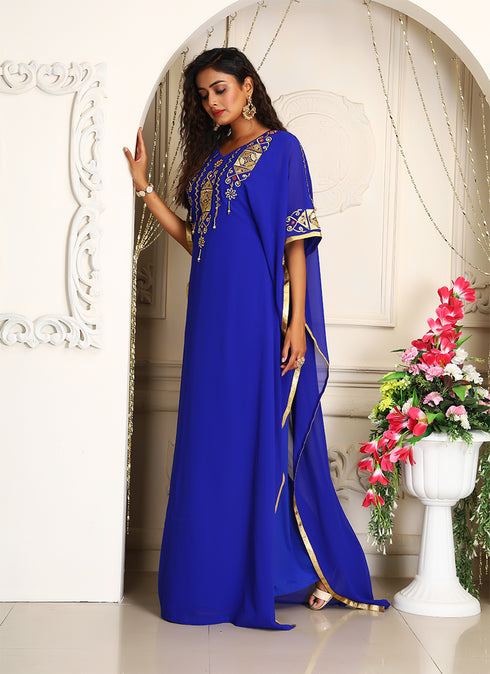 Royal blue designer arabic embroidery takchita kaftan for womens
